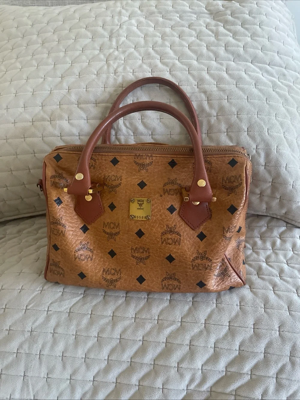 MCM Cognac Visetos Monogram Satchel with Brown Leather Handles